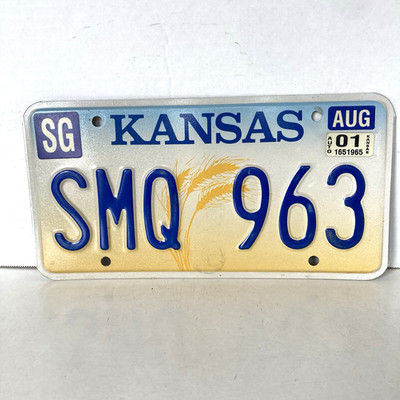 2001 Kansas License Plate SMQ 963 Sedgwick County SG Collector Man Cave Garage