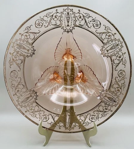 3 Footed Pink Glass Console Bowl-Silver Etching Vintage Depression Glass
