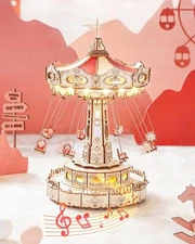  3D Puzzles Wooden Music Box Kit with LED, Rotating Swing Ride Mechanical 