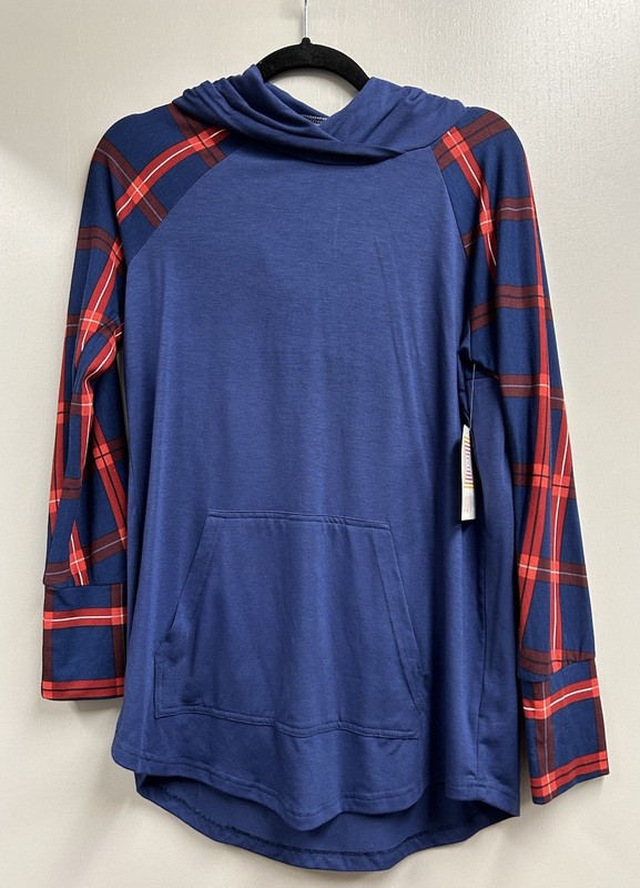 NWT Medium LULAROE Navy Blue & Red Plaid Amber LIGHTWEIGHT Sweatshirt HOODIE Top