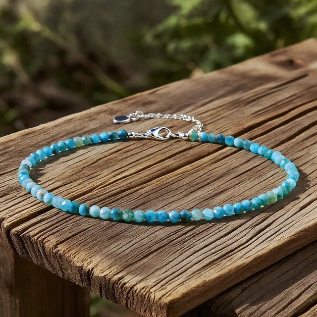 天然 3 米 Larimar 串珠踝手链女式精致极简主义礼物治疗 — 第 3/3 张图片