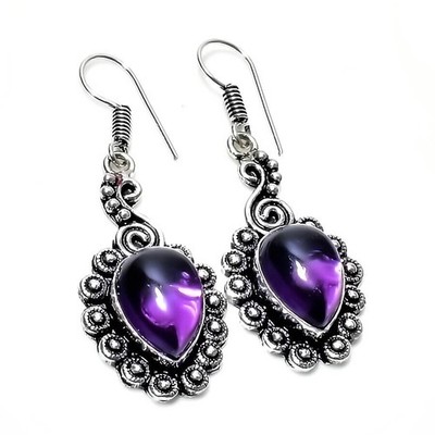 Lila Amethyst Edelstein handgefertigt 925 Sterlingsilber Schmuck Ohrring...