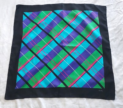 Vintage ECHO 100% silk square scarf turquoise green purple pink black plaid 80s