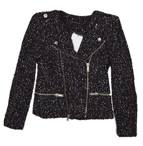 ZARA BLAZER BOUCLE BLACK FANTASY FABRIC JACKET WITH ZIPS COAT SIZE MEDIUM M - Picture 5 of 5