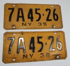 1935 New York License Plates PAIR Rensselaer County, NY 7A Yellow Front Back