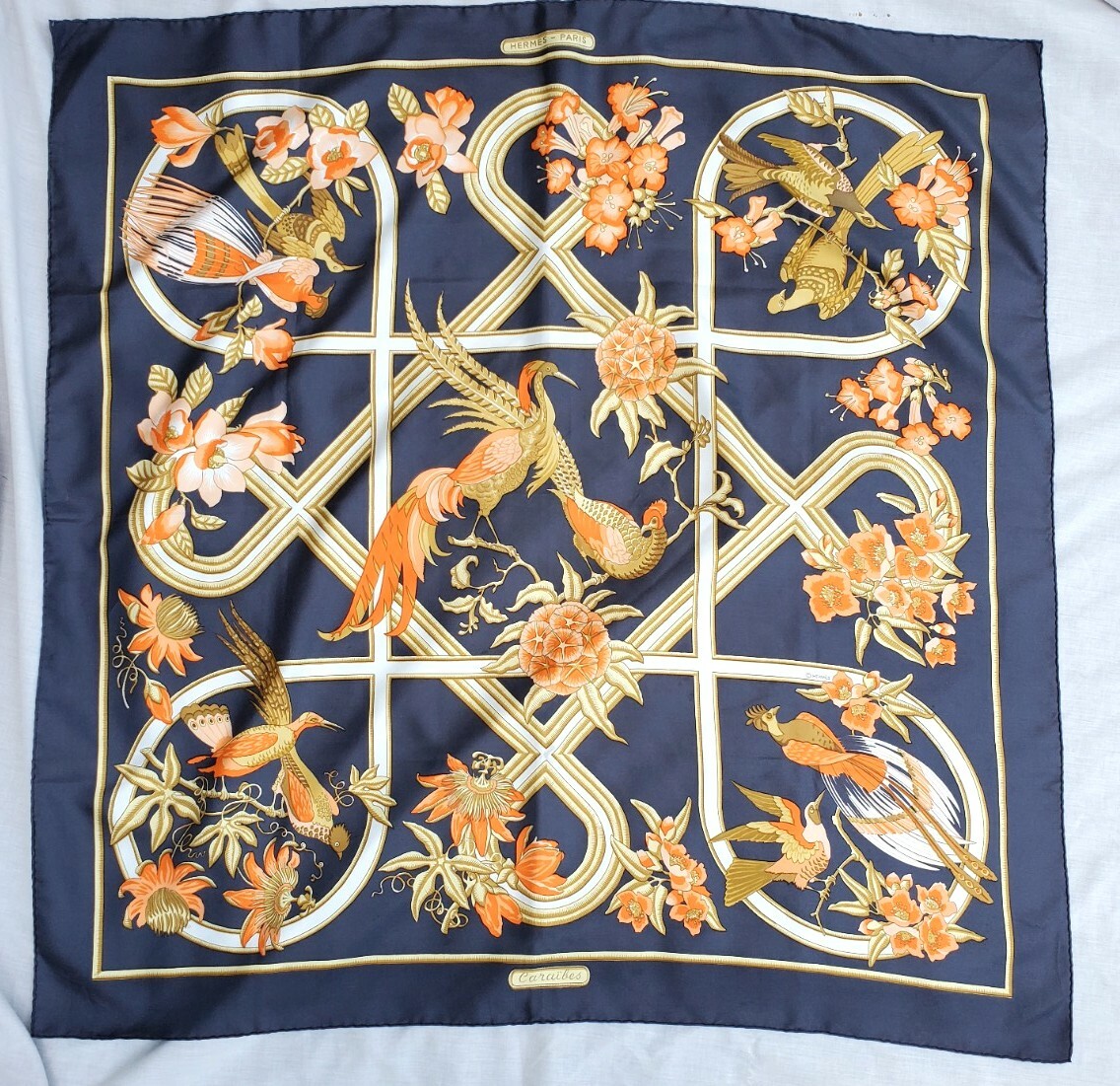 HERMES Paris Silk Scarf 90cm navy, orange, cream Caraibes BIRDS floral 1974  | eBay