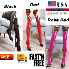 Women PVC Leather Wet Look Stockings Oil Shiny Long Stockings Clubwear 3 Colors