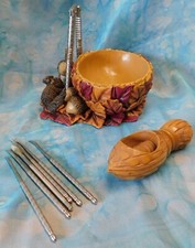 VINTAGE SQUIRREL ACORN LEAVES NUT BOWL W/ CRACKER & PICS + HANDHELD NUT CRACKER