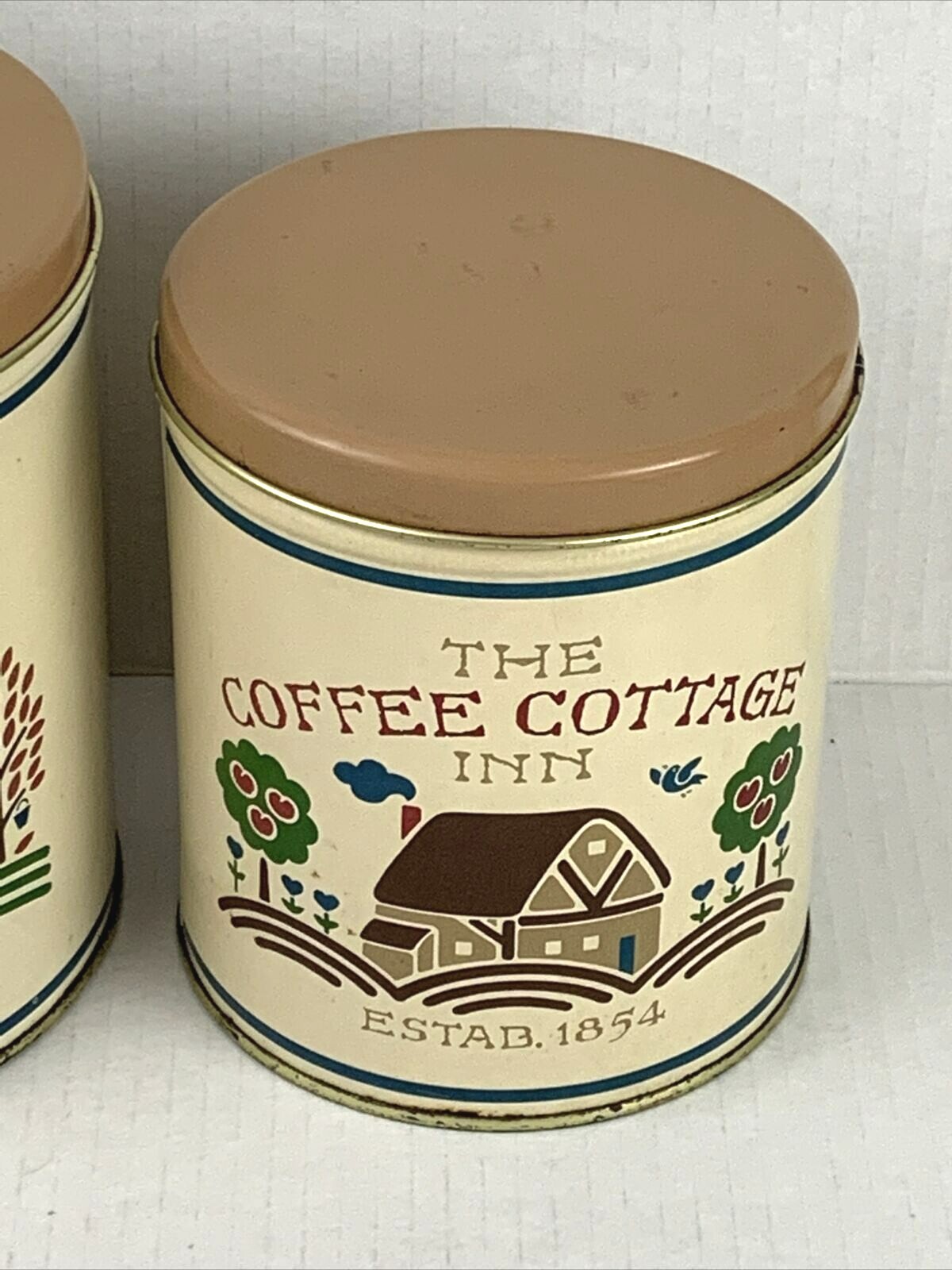 Lot of 2 Sugar Shack Coffee Cottage Canisters Tin Round Lids Brown