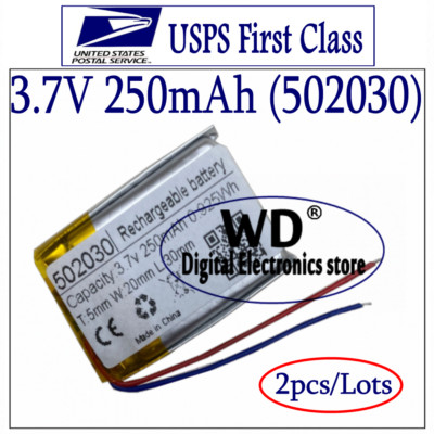 (2pcs) 3.7V 250mAh Li-Polymer Battery 502030 Rechargeable Li po for GPS Reader