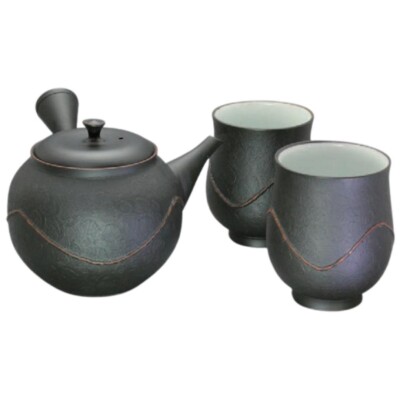 Teapot & Cups Set - Kyusu Yunomi - Ceramic Tokoname - REIKO - Gray - 340 ml Wave