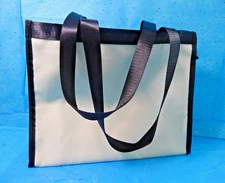 Macys Beige Canvas / Navy Blue Trim Cloth Tote Bag Shopper Travel Eco Reusable