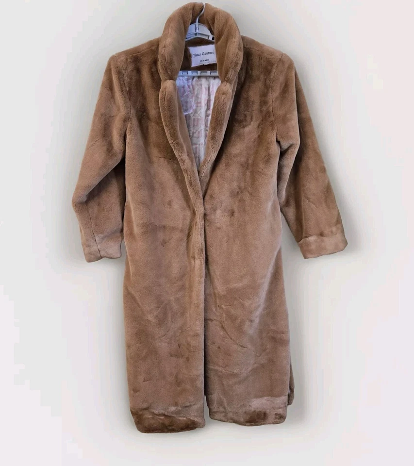 Juicy Couture Faux Fur Trench Coat Womens XL Rust Mob Wife Teddy 70s Luxury Maxi