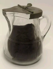 Vintage Syrup Pitcher with Metal Flip Lid, Glass Etched Flowers Leaves Design