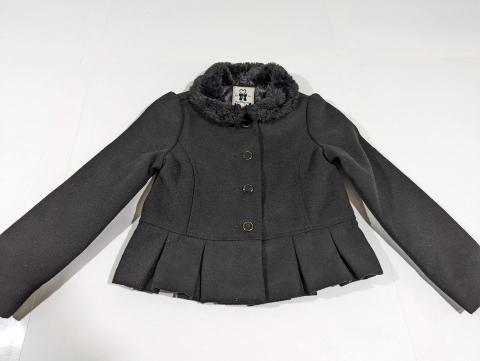 Gymboree Fancy Faux Fur Trim Jacket Small 5-6 Black Peplum Pleated - Image 2 of 4