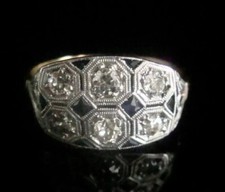 Art Deco Style Old European Lab-Created Diamond Sapphire Ring 14k White Gold FN