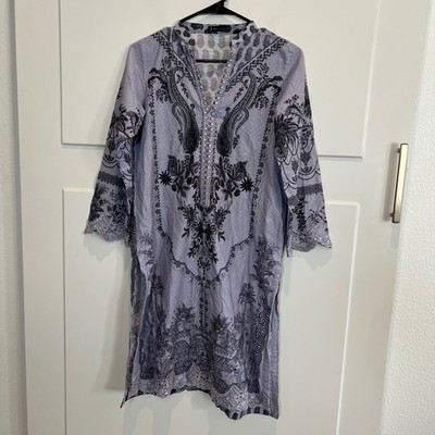 J. Pret Womens XS Lavender Print Embroidered Beaded Tunic Top Dress Pakistani