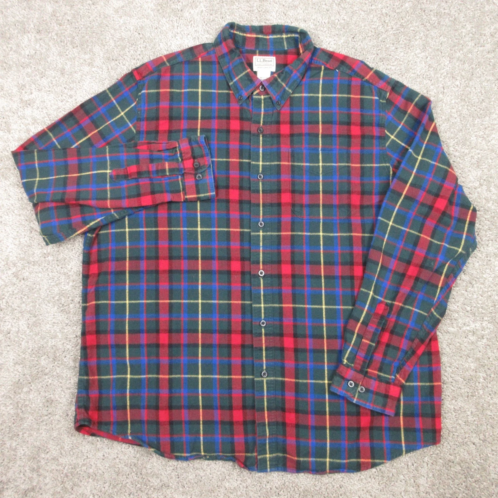 LL Bean Shirt Mens XL Green Multicolor Plaid Twill Flannel Outdoor Button Up