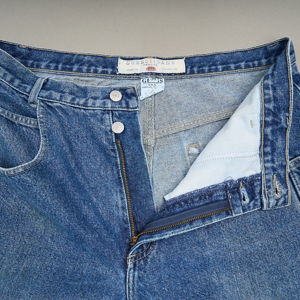 Vintage GUESS Jeans Mens 34 Pascal Tapered Leg Loose Fit 90s USA Blue Denim 30 - Image 4 of 4