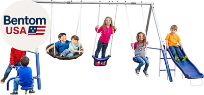 Free N Swing - 7 User / 5 Station Swing Set, Outdoor for Kids with 5' Slide. Eas
