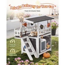 Outdoor Cat House, 2-Story Wooden Cat Shelter with Stairs  Balcony, Elevated Fe
