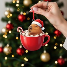 Capybara in Mug Christmas Ornament with Santa Hat