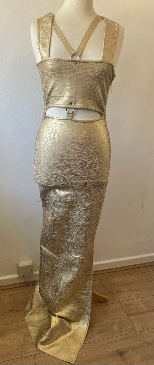 gold karen millen dress Karen Millen Nude Embellished Woven Long Sleeved Maxi Dress UK 10
