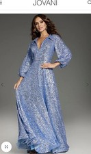 SALE NWT JOVANI SZ 14 Blue W/V Neck Puff Sleeve Tie Back 25950 SEE NOTES