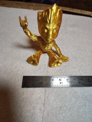 3D Printed Gold Baby Groot Rock On Metallic Unique Figurine Marvel Guardians