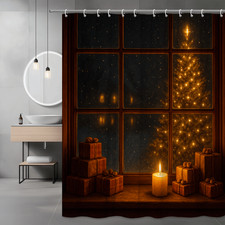 Christmas Shower Curtain with Holiday Tree and Presents Design