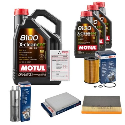 BOSCH Inspektionspaket 8L MOTUL 8100 X-CLEAN EFE 5W-30 für VW Multivan V 2.0