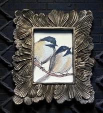 Black-Capped Chickadees mini watercolor bird print in vintage style ornate frame