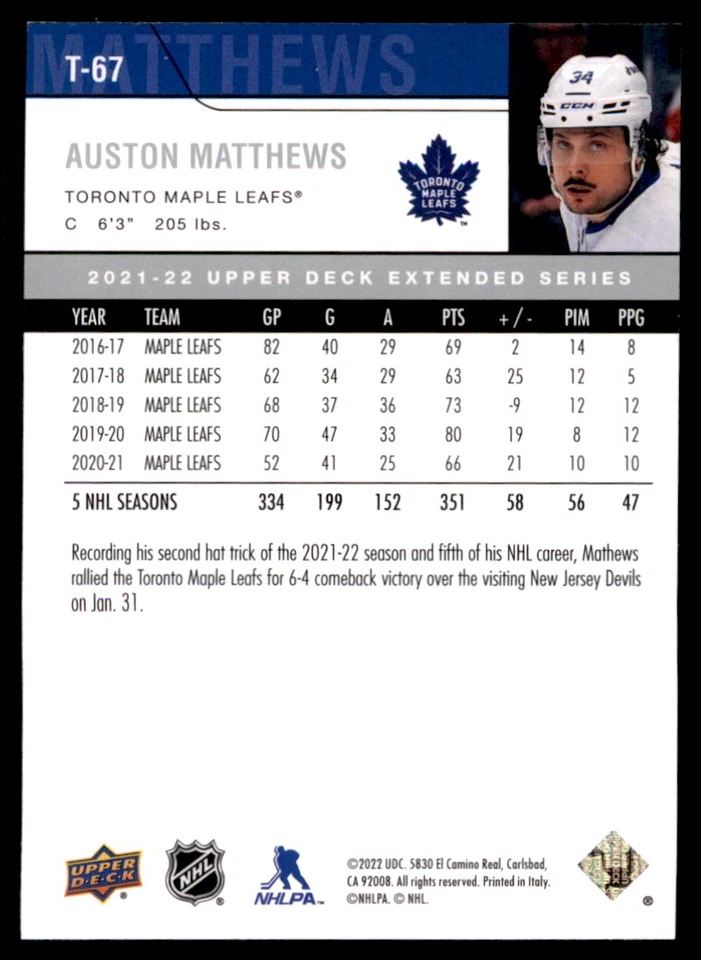 2021-22 Upper Deck #T-67 Auston Matthews 2006-07 Upper Deck Retro - Image 2 of 2