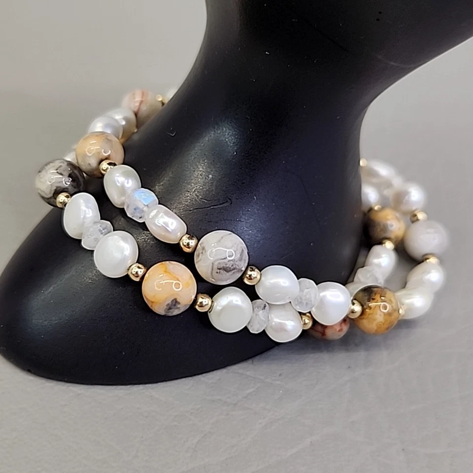 Vintage Beaded Pearl Bracelet Layered White Round Stone 7.5" - Image 2 of 4