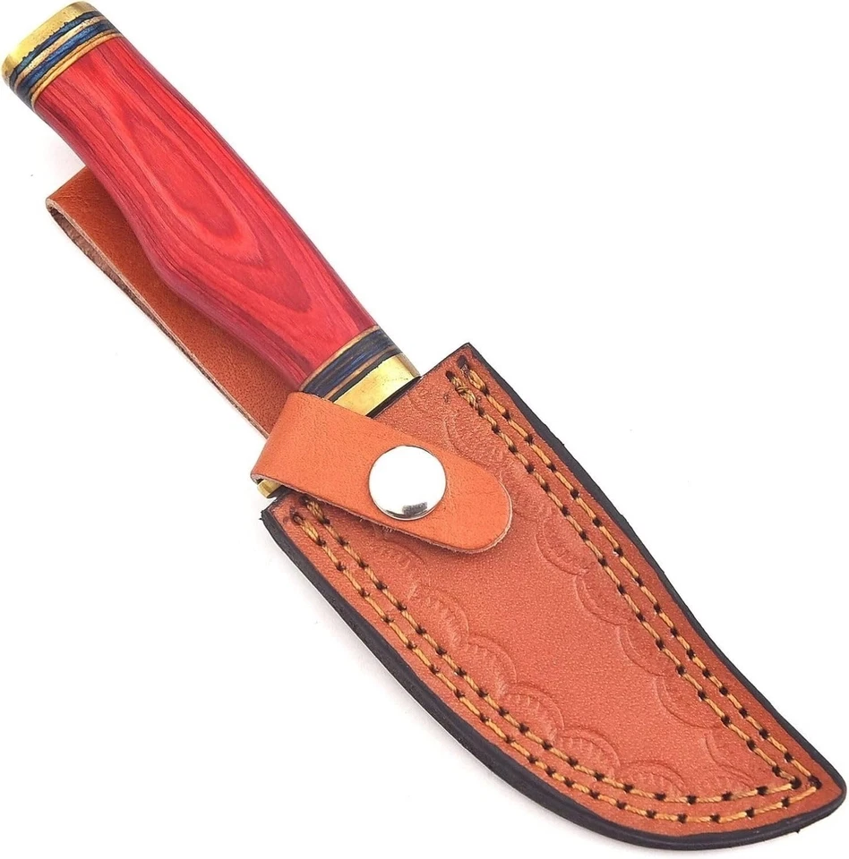 CUCHILLO DE CAZA DE ACERO DAMASCO FORJADO A MANO PERSONALIZADO ROJO madera latón mango protector Foto 4 de 4