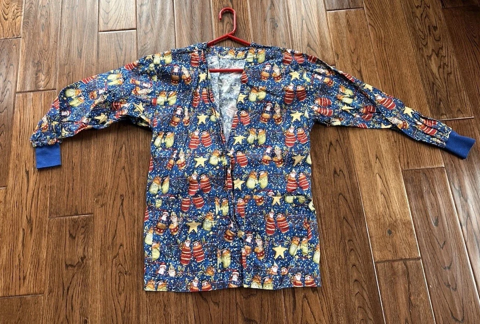 Christmas Scrub Jacket Snowmen Royal Blue Mittens Cotton Medium Women’s - Image 3 of 4