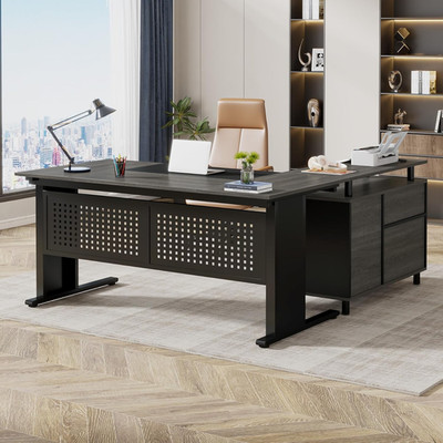 63 Inch Executive Desk with File Cabinet, L Shaped Office Desk with Drawers and