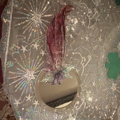 Artist glass hand mirror Flower Sculpture, Pink light aqua  Clear Purple Floral