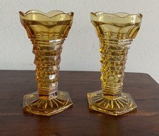 Great Pair Of Vintage Amber Pressed Glass Art Deco Vases