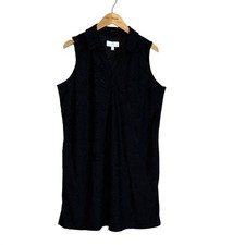 SUSAN GRAVER Women Large Petite Black Sleeveless Collared Textured Midi Dress