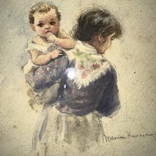 Marion Kavanaugh Signed Watercolor Mother Child Antique Oval Framed Painting