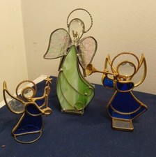 Lot Of 3 Vintage Stained Glass Standing Angel Blue Green Horn Christmas/162b