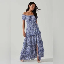 ASTR Viona Maxi Dress in Blue White Multi NWT Women Dress ONE SIZE