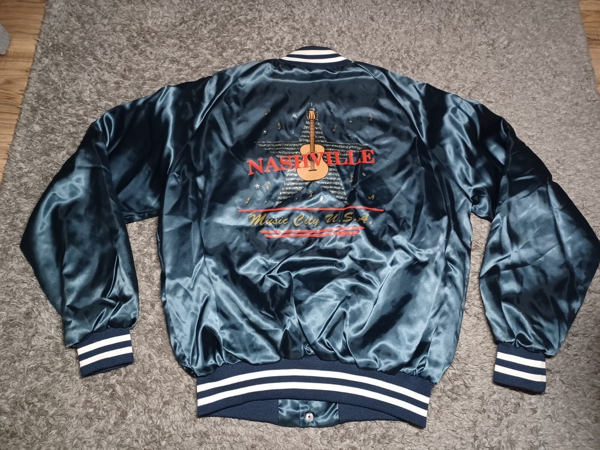 Vintage 80s Music City USA Jacket Size Large Black Satin Nashville