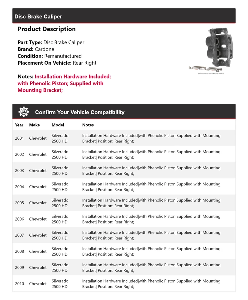 Pinza de freno de disco trasera derecha Cardone para Chevrolet Silverado 2500 HD 2001-2010 Foto 2 de 4
