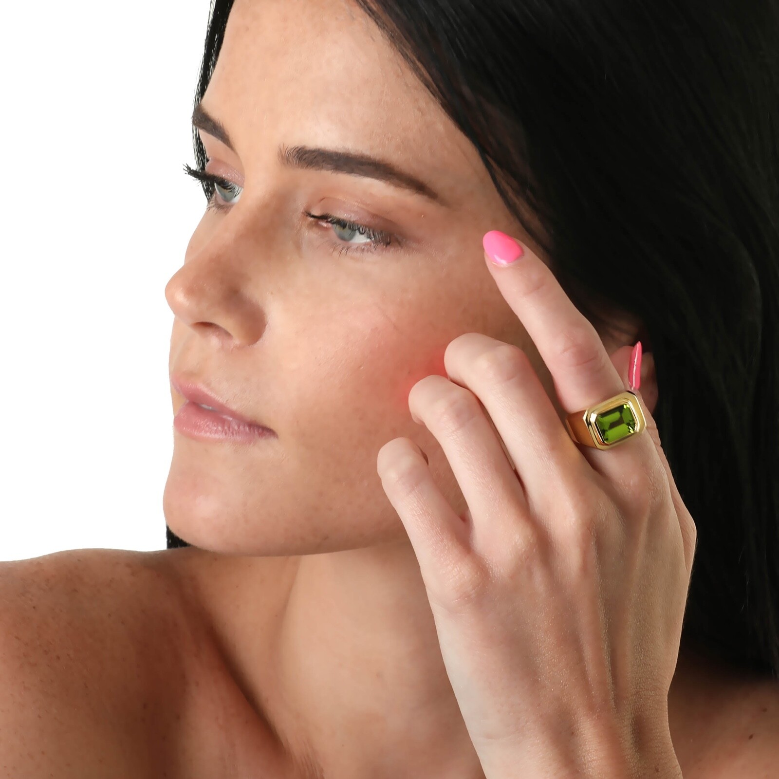 Gypsy Ring Solid 18K Gold, Rectangular Green Peri… - image 2