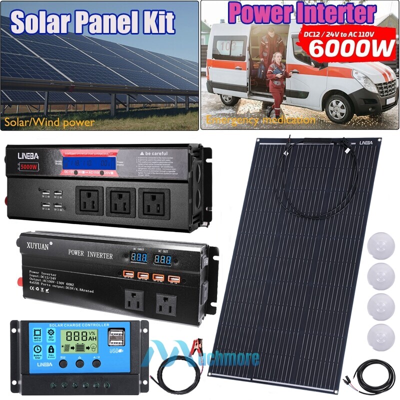 6000W Complete Solar Panel Kit Power Inverter Generator 100A 110V RV Grid  System