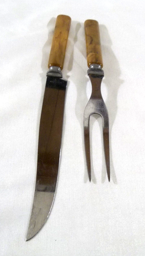 Vintage Cake 9 1/2" Knife and 7 3/4" Fork w/ Butterscotch Swirl Bakelite Handles - Picture 4 of 7