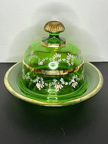 Cheese Covered Dish Green With Hand Painted And Gold Trim Small Knick VGT Floral