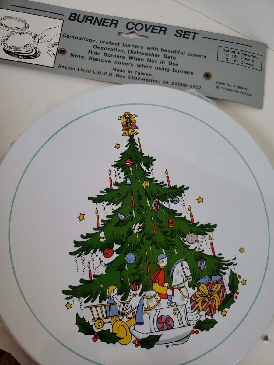 Vintage Stove Burner Covers Christmas Tree Design Enamel Set of 4